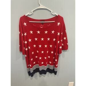 Talbots Red Star Print Short Sleeve Sweater with Navy Stripe Hem